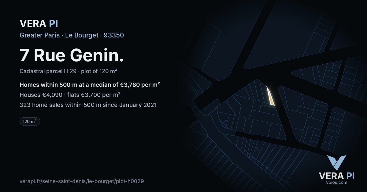 7 Rue Genin, Le Bourget at night – the plot lit, the parcels around coloured by the prices near them