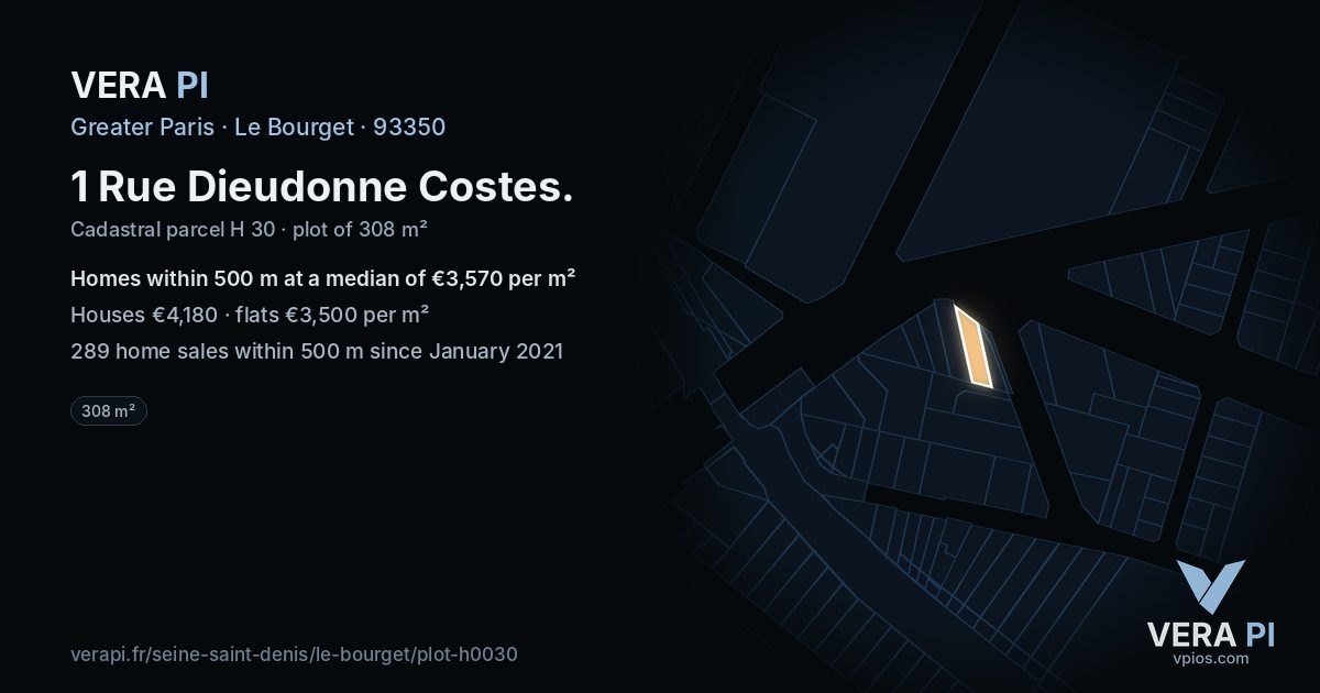 1 Rue Dieudonne Costes, Le Bourget at night – the plot lit, the parcels around coloured by the prices near them