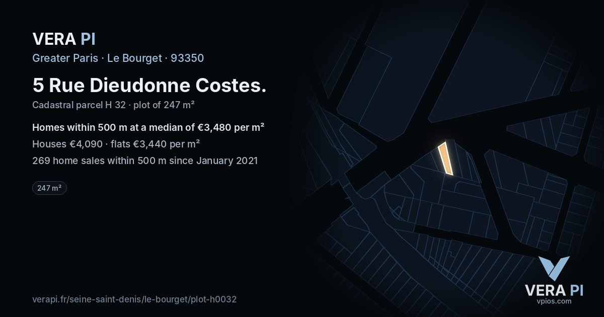 5 Rue Dieudonne Costes, Le Bourget at night – the plot lit, the parcels around coloured by the prices near them