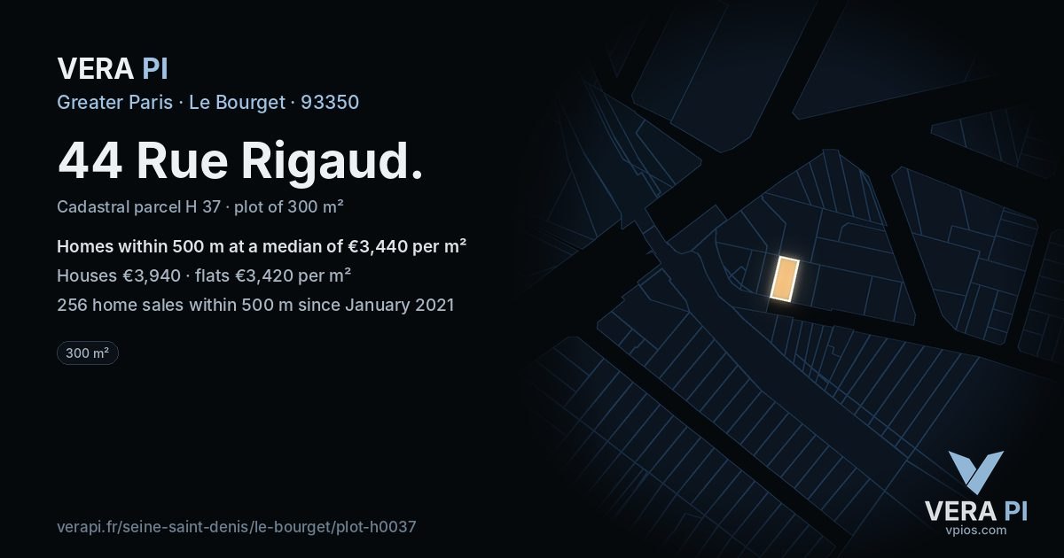 44 Rue Rigaud, Le Bourget at night – the plot lit, the parcels around coloured by the prices near them