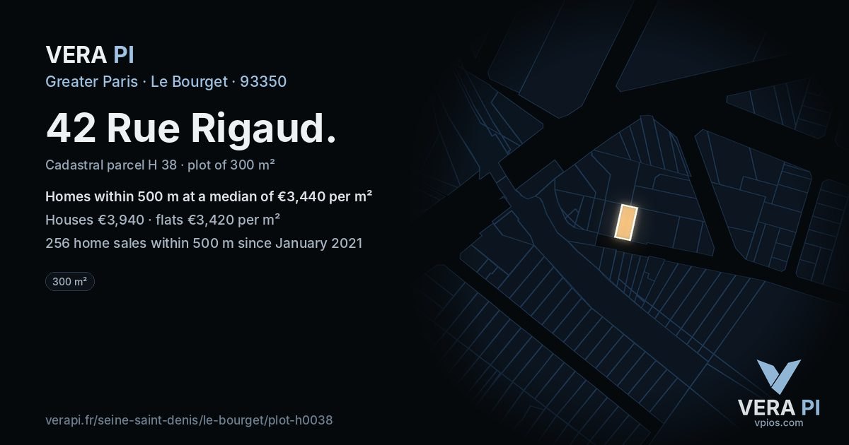 42 Rue Rigaud, Le Bourget at night – the plot lit, the parcels around coloured by the prices near them