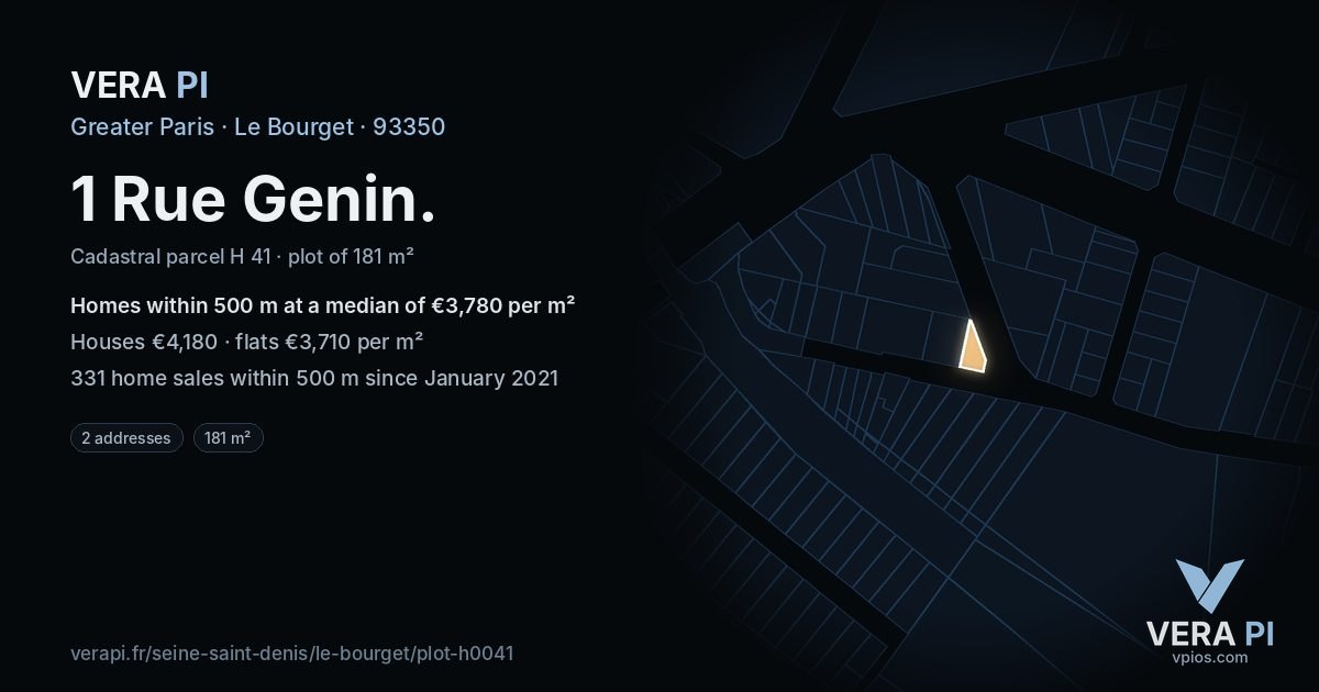 1 Rue Genin, Le Bourget at night – the plot lit, the parcels around coloured by the prices near them
