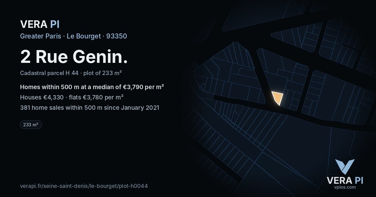 2 Rue Genin, Le Bourget at night – the plot lit, the parcels around coloured by the prices near them