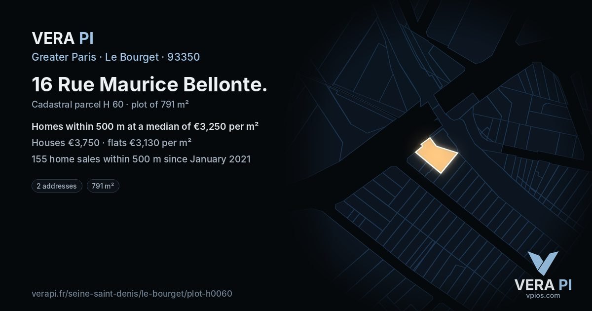 16 Rue Maurice Bellonte, Le Bourget at night – the plot lit, the parcels around coloured by the prices near them