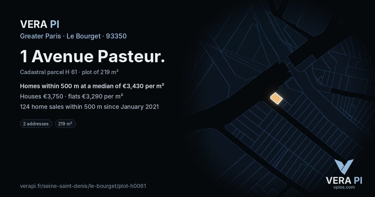1 Avenue Pasteur, Le Bourget at night – the plot lit, the parcels around coloured by the prices near them