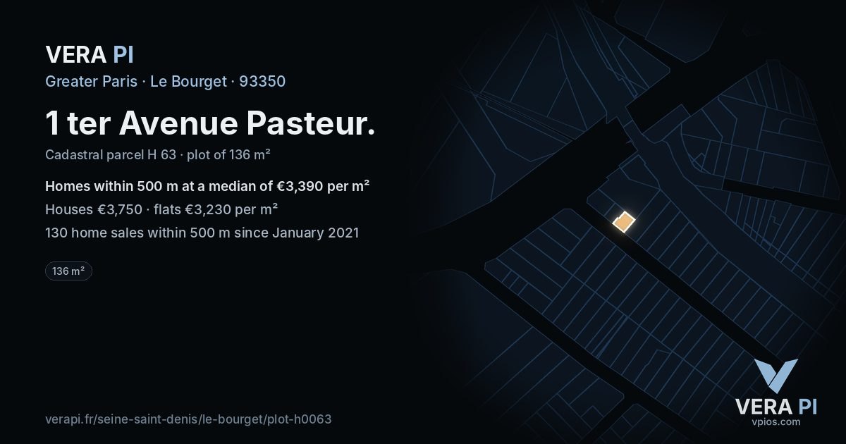1 ter Avenue Pasteur, Le Bourget at night – the plot lit, the parcels around coloured by the prices near them
