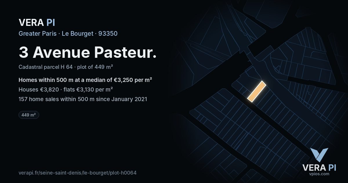 3 Avenue Pasteur, Le Bourget at night – the plot lit, the parcels around coloured by the prices near them