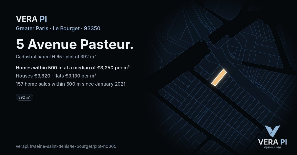 5 Avenue Pasteur, Le Bourget at night – the plot lit, the parcels around coloured by the prices near them