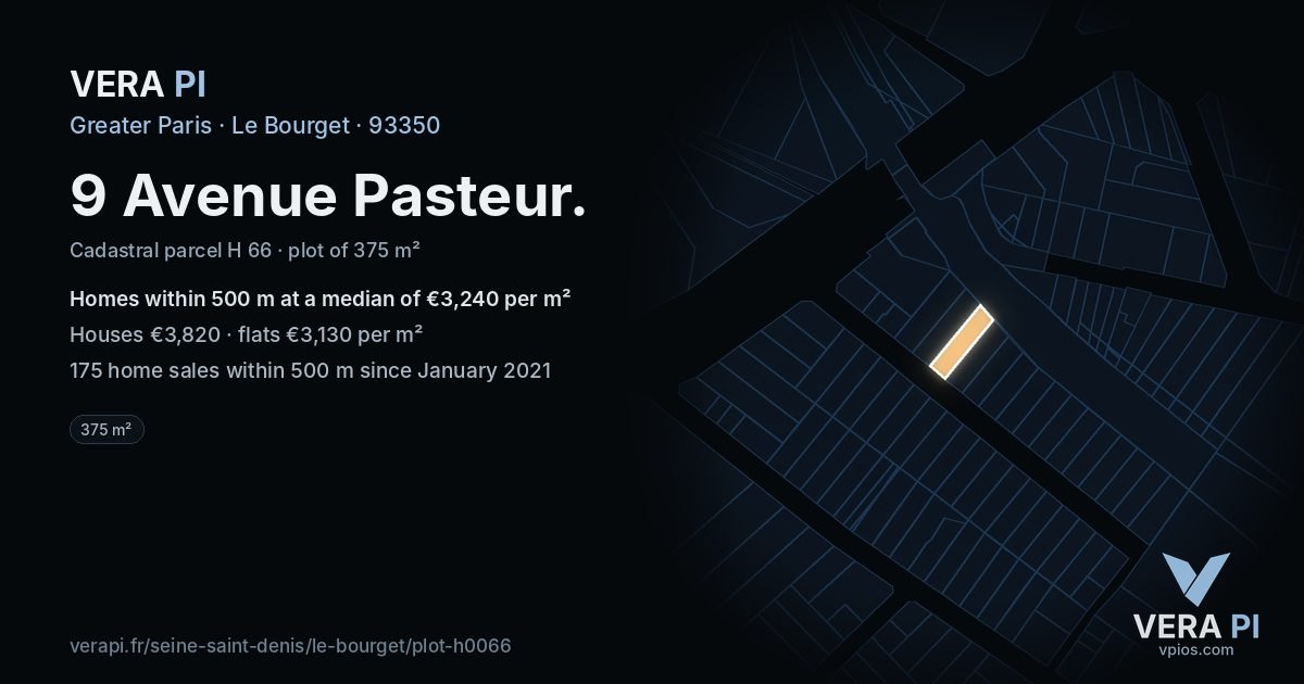 9 Avenue Pasteur, Le Bourget at night – the plot lit, the parcels around coloured by the prices near them