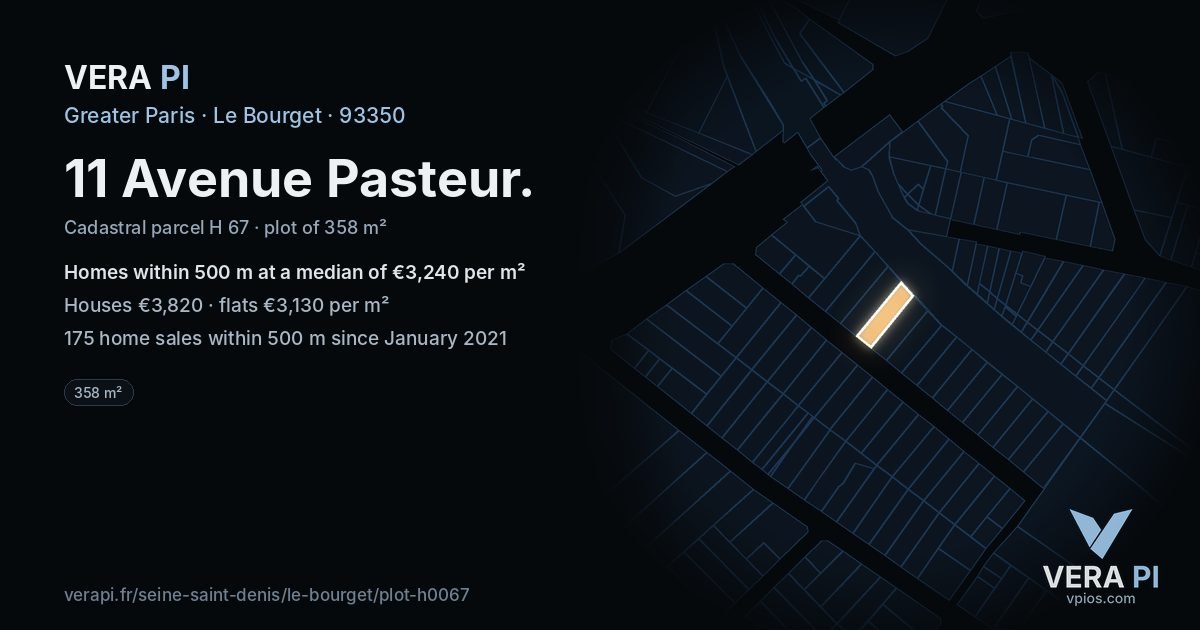 11 Avenue Pasteur, Le Bourget at night – the plot lit, the parcels around coloured by the prices near them