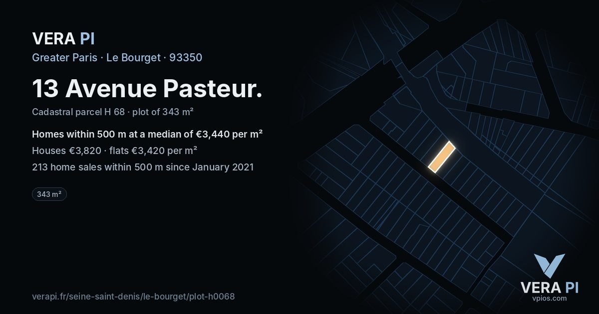 13 Avenue Pasteur, Le Bourget at night – the plot lit, the parcels around coloured by the prices near them
