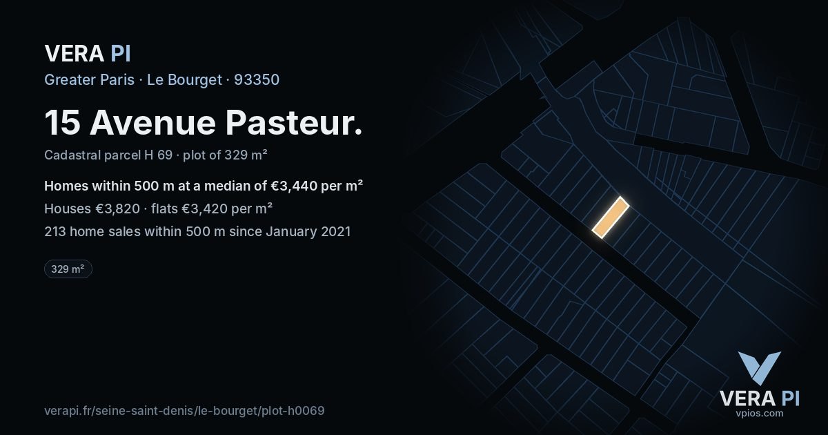 15 Avenue Pasteur, Le Bourget at night – the plot lit, the parcels around coloured by the prices near them