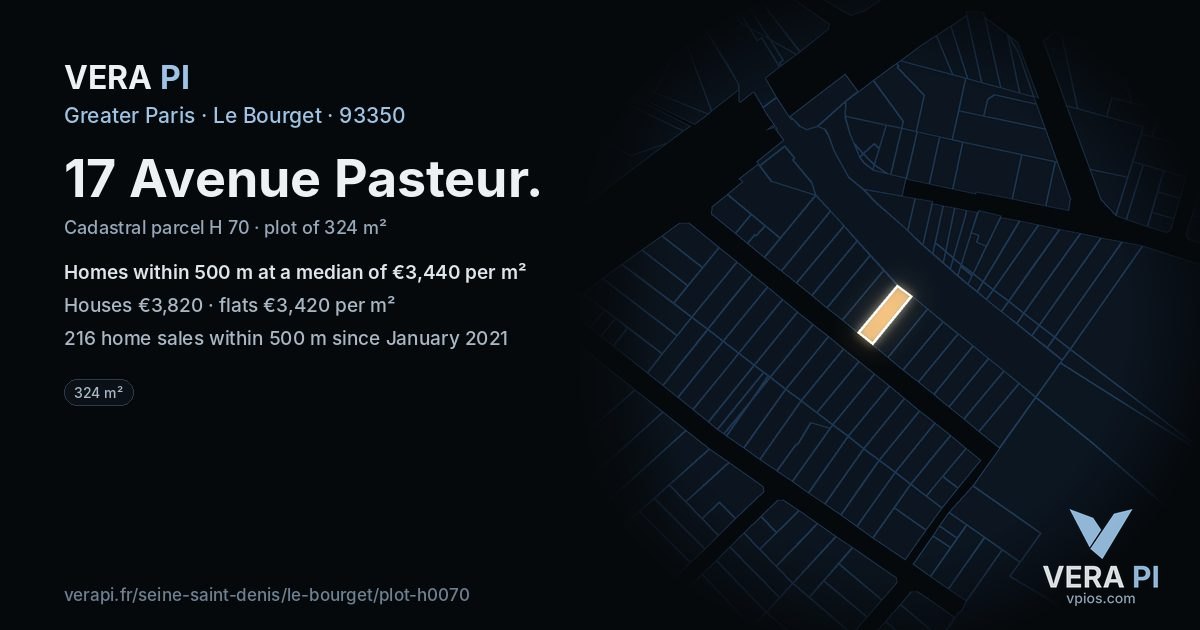 17 Avenue Pasteur, Le Bourget at night – the plot lit, the parcels around coloured by the prices near them