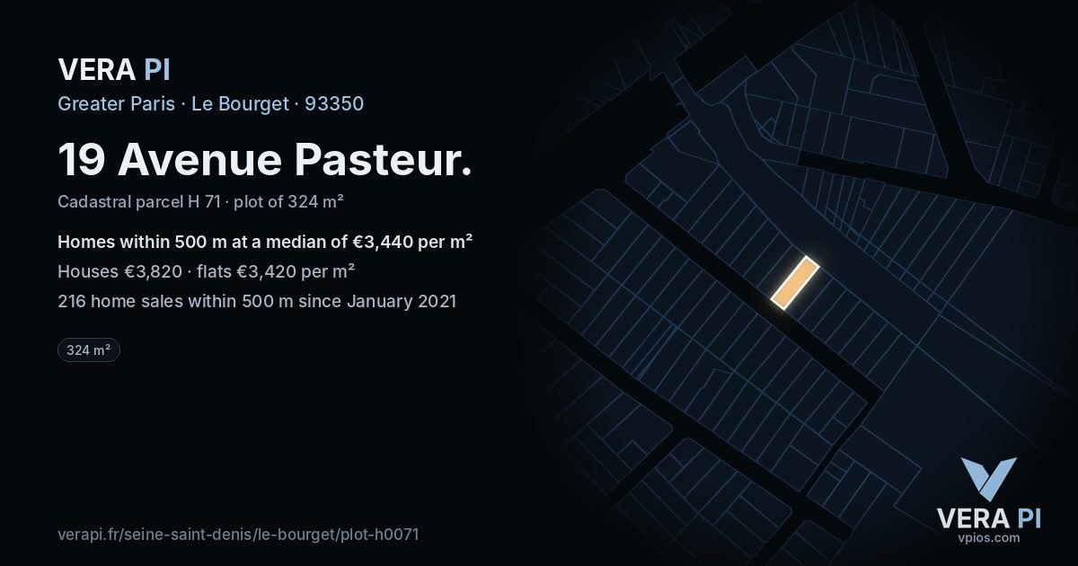 19 Avenue Pasteur, Le Bourget at night – the plot lit, the parcels around coloured by the prices near them
