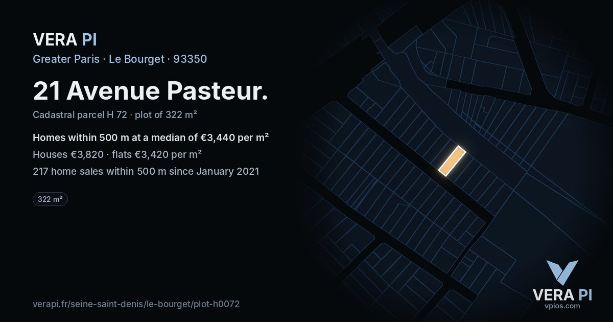 21 Avenue Pasteur, Le Bourget at night – the plot lit, the parcels around coloured by the prices near them