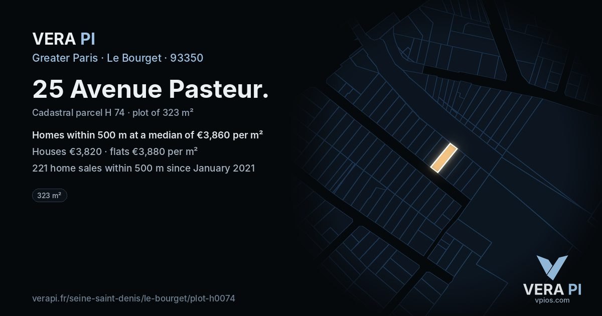25 Avenue Pasteur, Le Bourget at night – the plot lit, the parcels around coloured by the prices near them