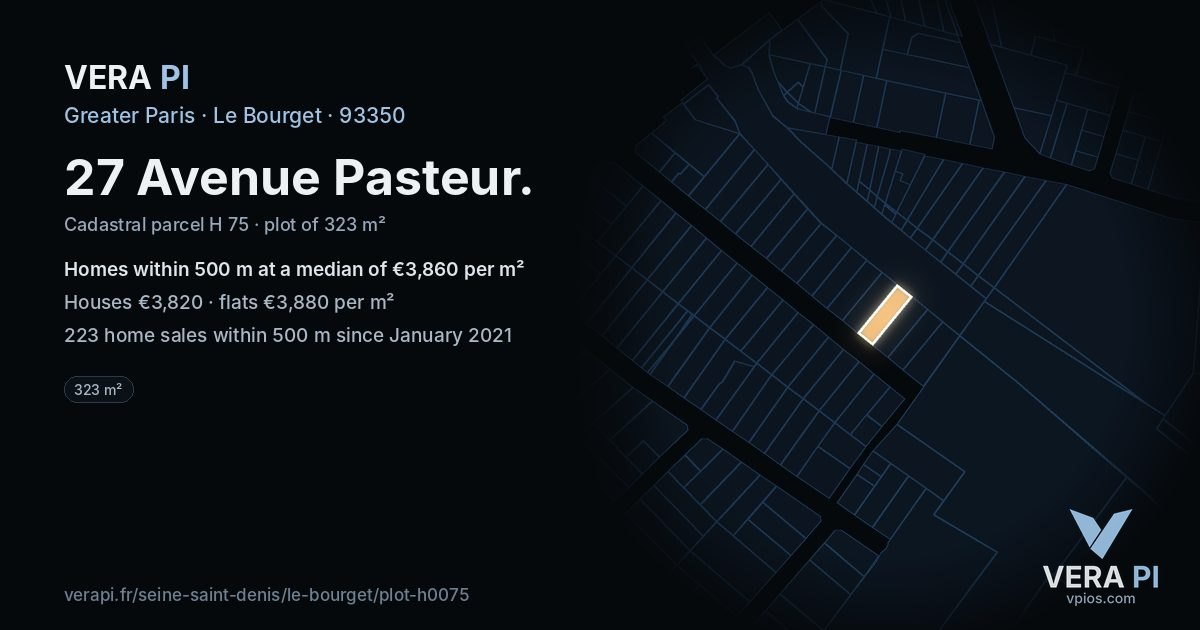 27 Avenue Pasteur, Le Bourget at night – the plot lit, the parcels around coloured by the prices near them