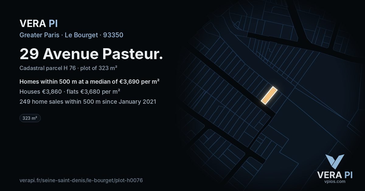 29 Avenue Pasteur, Le Bourget at night – the plot lit, the parcels around coloured by the prices near them