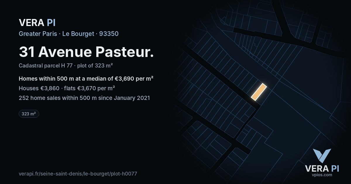 31 Avenue Pasteur, Le Bourget at night – the plot lit, the parcels around coloured by the prices near them