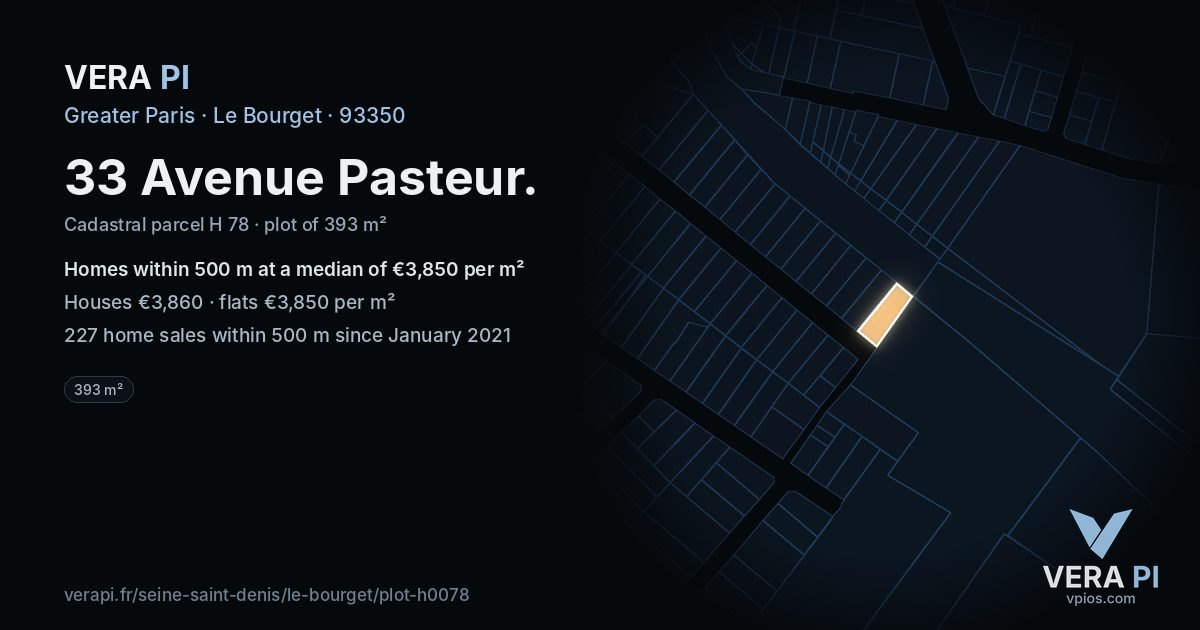 33 Avenue Pasteur, Le Bourget at night – the plot lit, the parcels around coloured by the prices near them