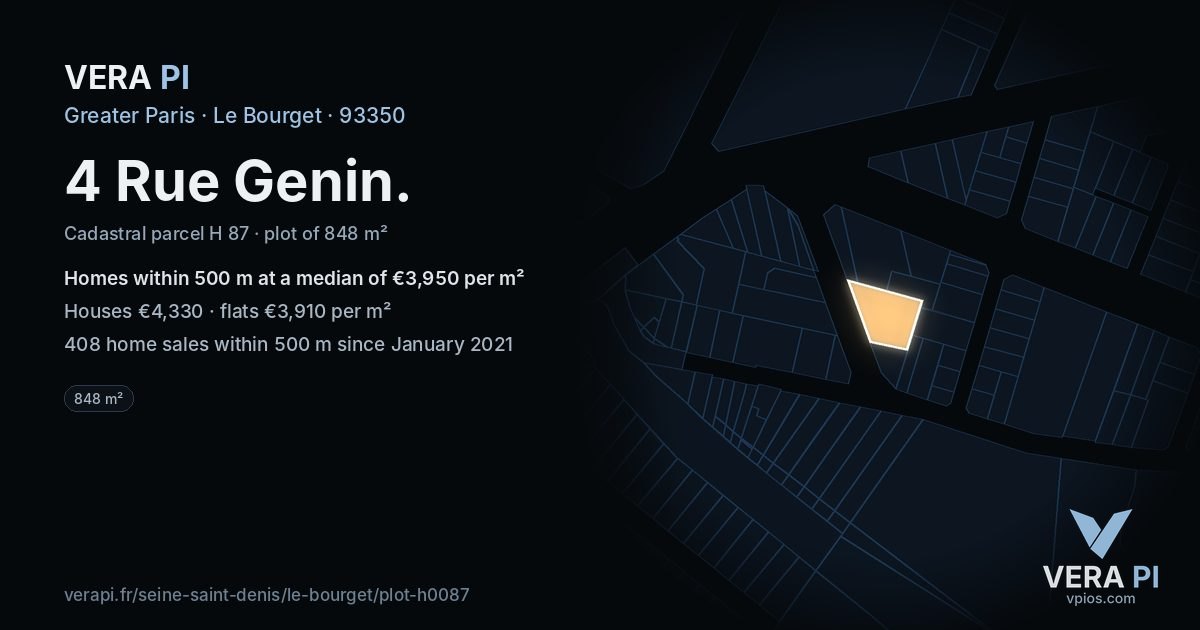 4 Rue Genin, Le Bourget at night – the plot lit, the parcels around coloured by the prices near them