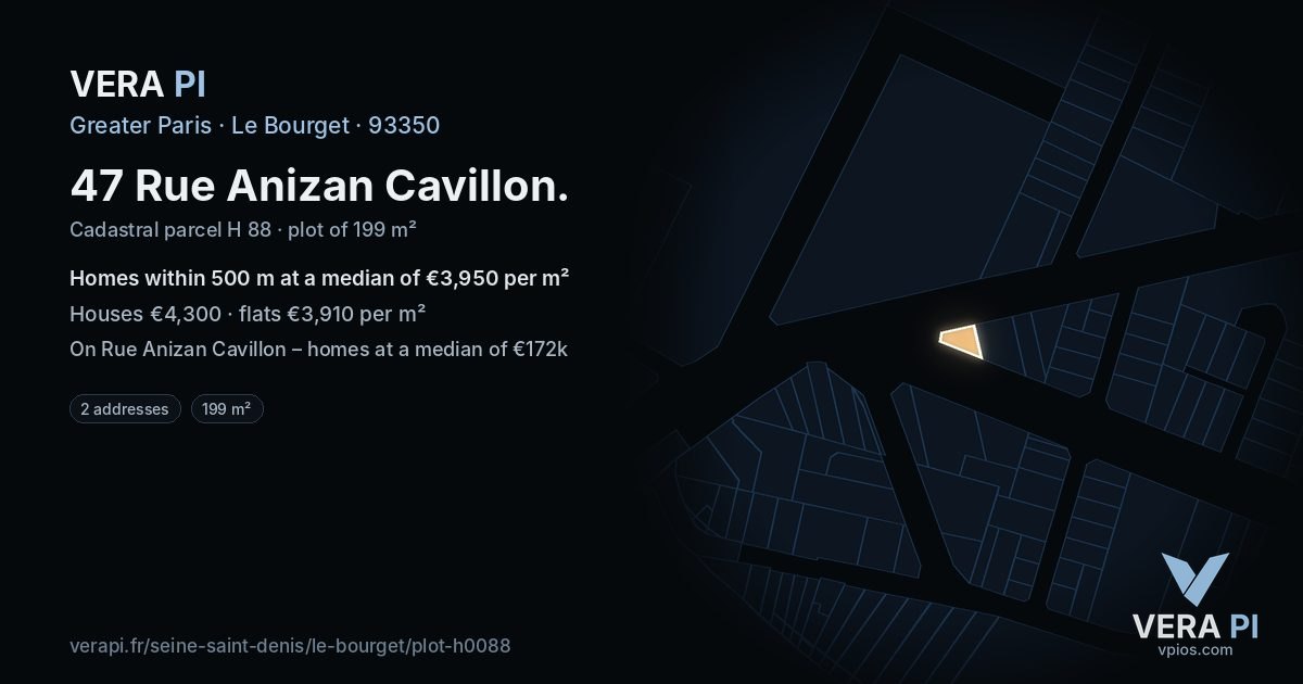 47 Rue Anizan Cavillon, Le Bourget at night – the plot lit, the parcels around coloured by the prices near them