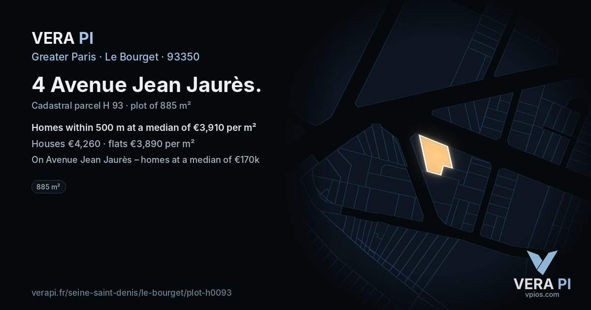 4 Avenue Jean Jaurès, Le Bourget at night – the plot lit, the parcels around coloured by the prices near them