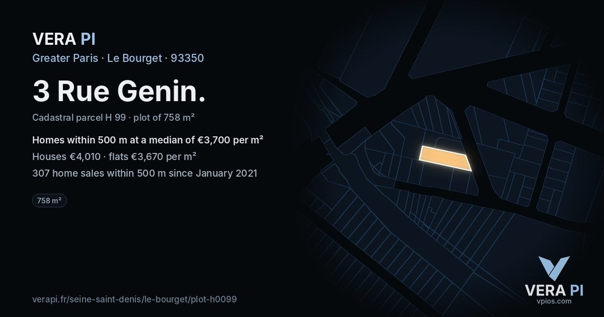3 Rue Genin, Le Bourget at night – the plot lit, the parcels around coloured by the prices near them