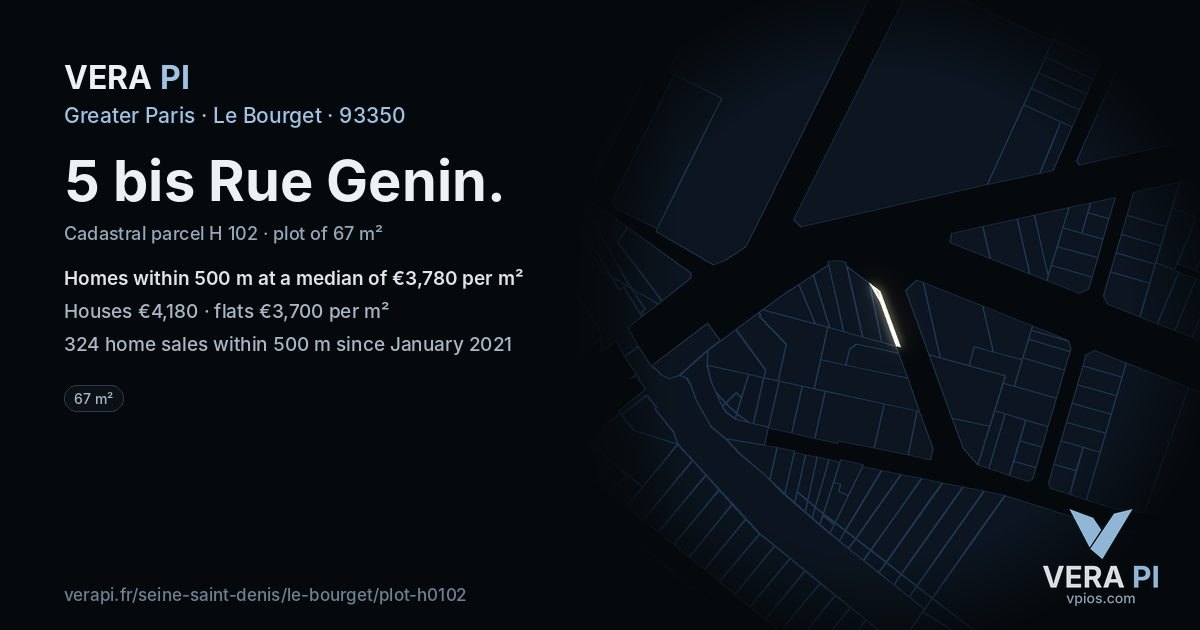 5 bis Rue Genin, Le Bourget at night – the plot lit, the parcels around coloured by the prices near them