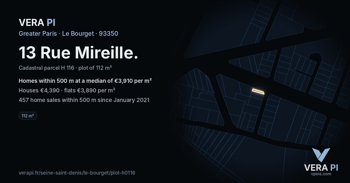 13 Rue Mireille, Le Bourget at night – the plot lit, the parcels around coloured by the prices near them