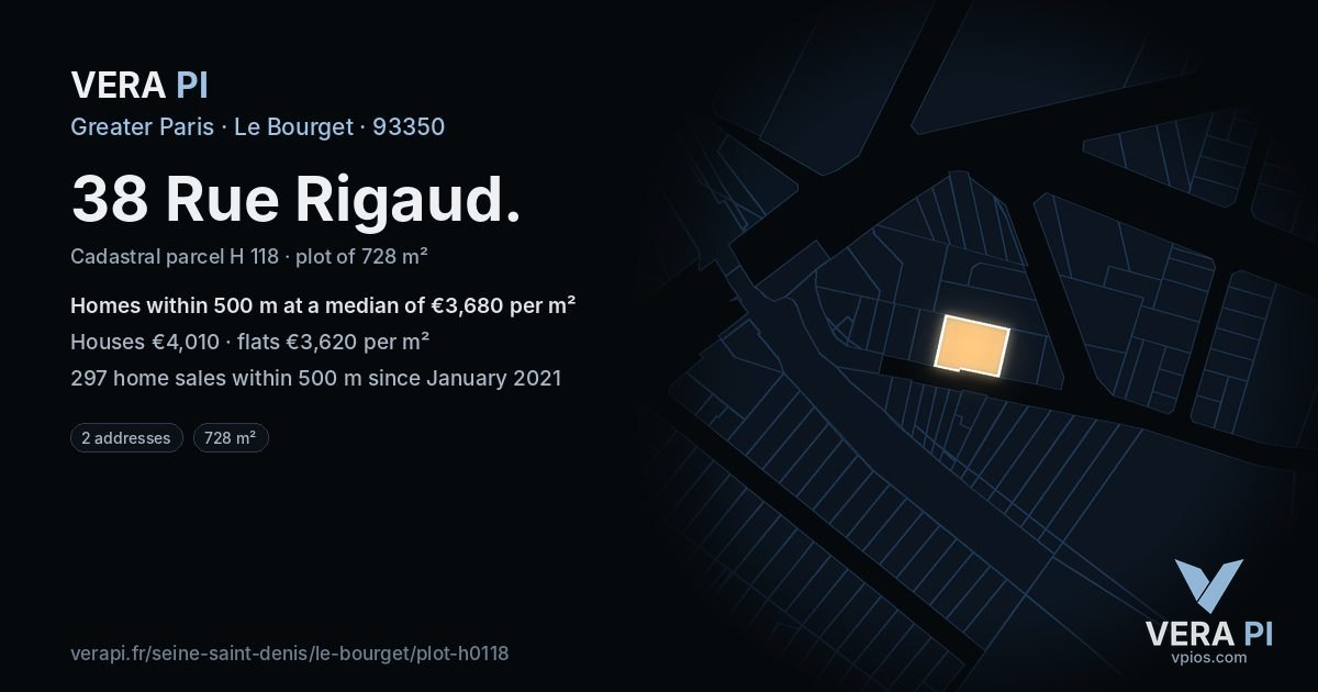 38 Rue Rigaud, Le Bourget at night – the plot lit, the parcels around coloured by the prices near them