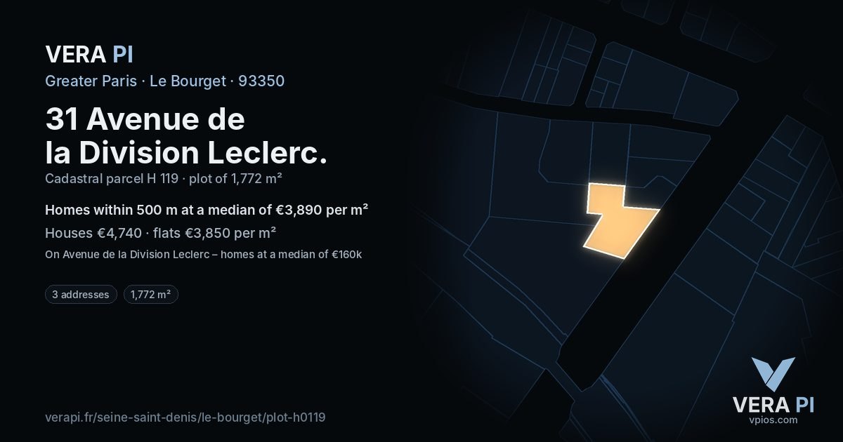 31 Avenue de la Division Leclerc, Le Bourget at night – the plot lit, the parcels around coloured by the prices near them