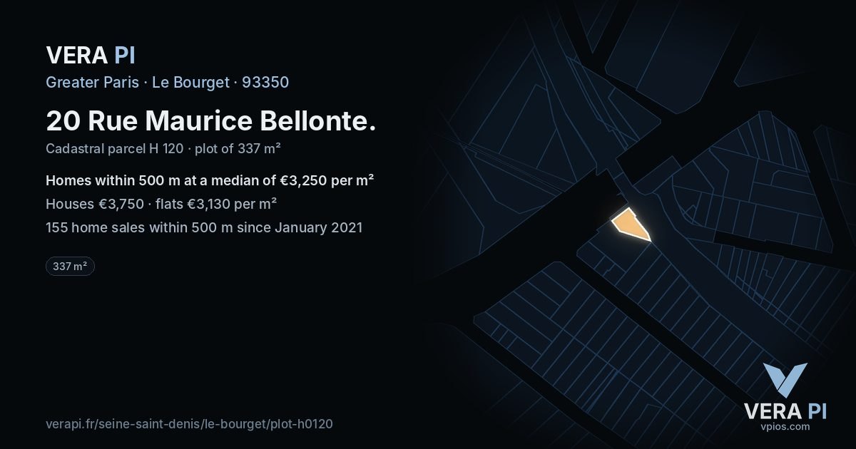 20 Rue Maurice Bellonte, Le Bourget at night – the plot lit, the parcels around coloured by the prices near them