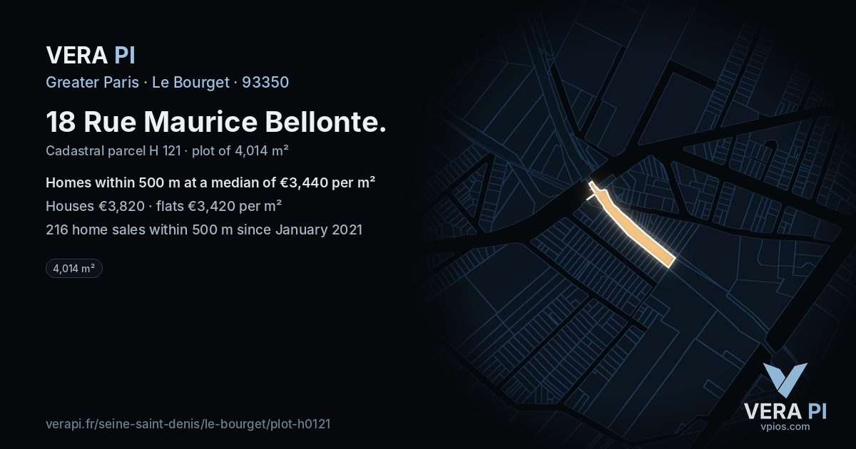 18 Rue Maurice Bellonte, Le Bourget at night – the plot lit, the parcels around coloured by the prices near them