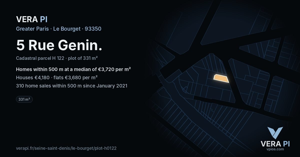 5 Rue Genin, Le Bourget at night – the plot lit, the parcels around coloured by the prices near them