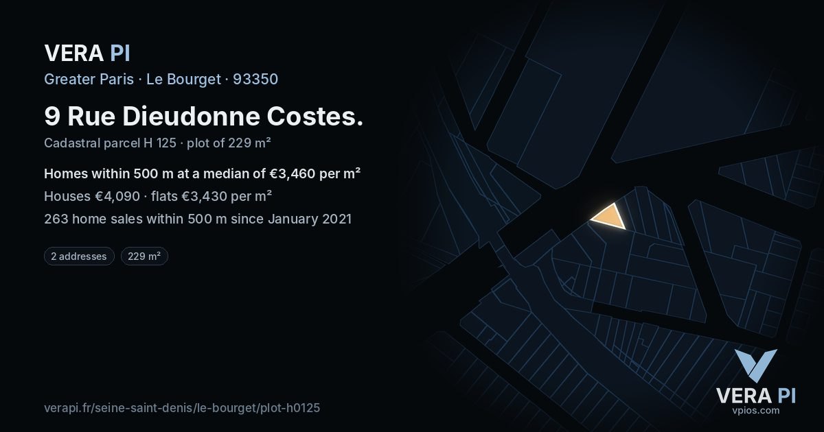 9 Rue Dieudonne Costes, Le Bourget at night – the plot lit, the parcels around coloured by the prices near them