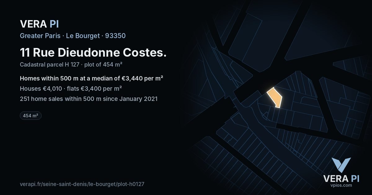 11 Rue Dieudonne Costes, Le Bourget at night – the plot lit, the parcels around coloured by the prices near them