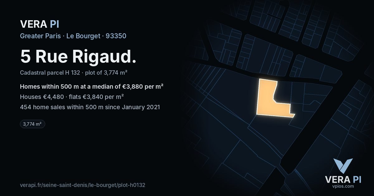 5 Rue Rigaud, Le Bourget at night – the plot lit, the parcels around coloured by the prices near them