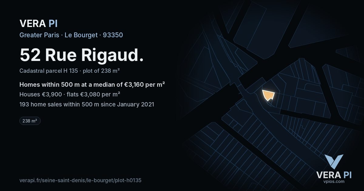 52 Rue Rigaud, Le Bourget at night – the plot lit, the parcels around coloured by the prices near them