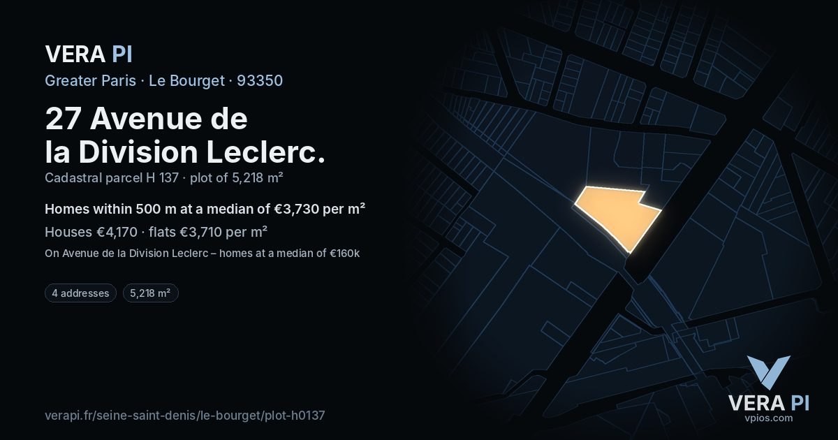 27 Avenue de la Division Leclerc, Le Bourget at night – the plot lit, the parcels around coloured by the prices near them