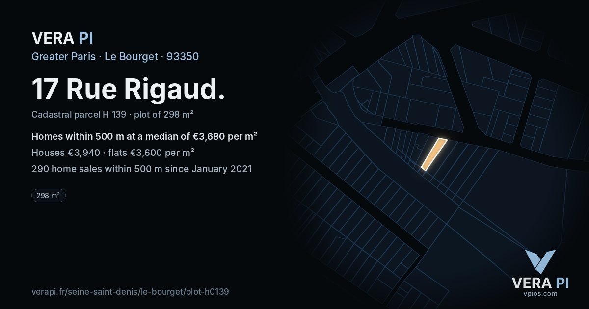 17 Rue Rigaud, Le Bourget at night – the plot lit, the parcels around coloured by the prices near them