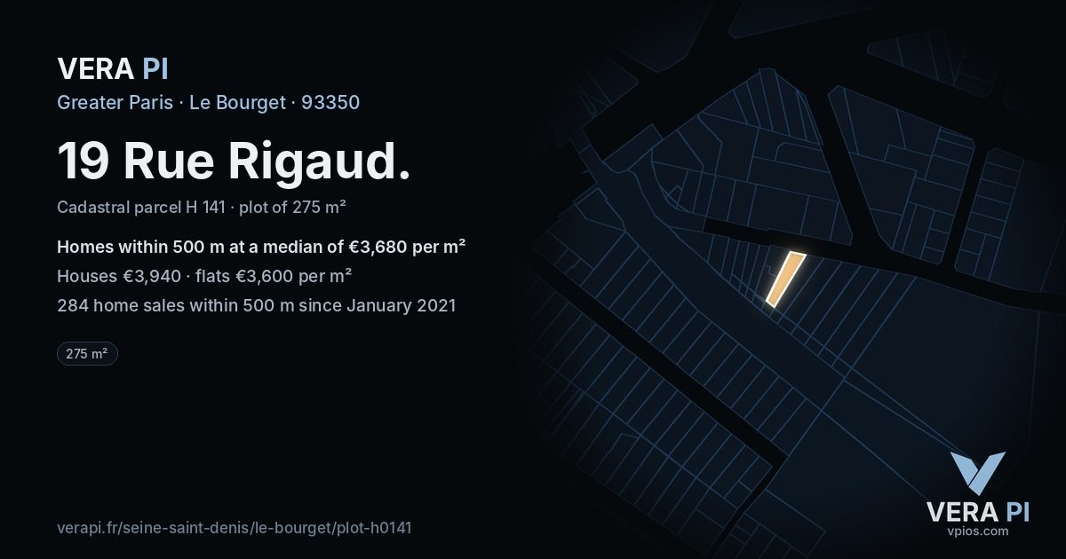 19 Rue Rigaud, Le Bourget at night – the plot lit, the parcels around coloured by the prices near them