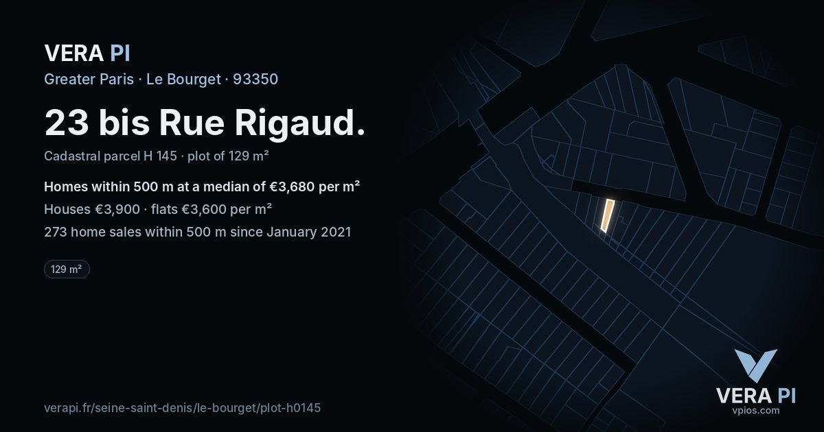 23 bis Rue Rigaud, Le Bourget at night – the plot lit, the parcels around coloured by the prices near them