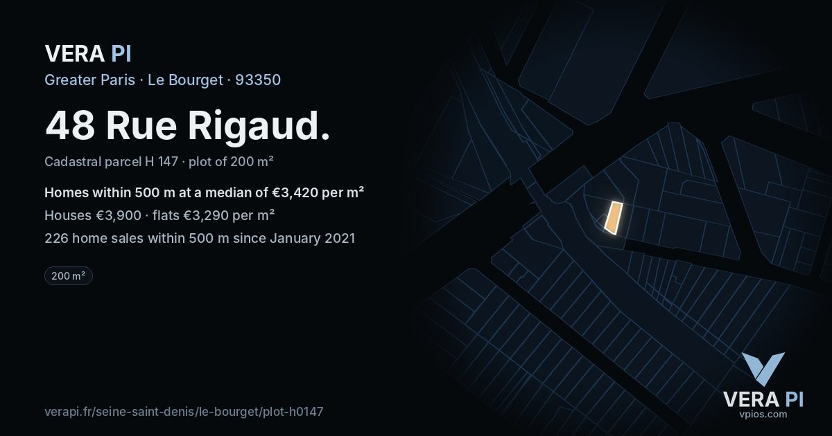 48 Rue Rigaud, Le Bourget at night – the plot lit, the parcels around coloured by the prices near them