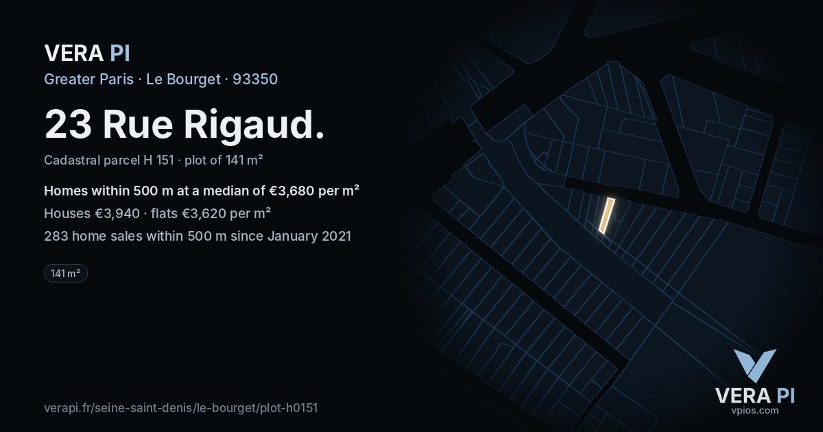 23 Rue Rigaud, Le Bourget at night – the plot lit, the parcels around coloured by the prices near them