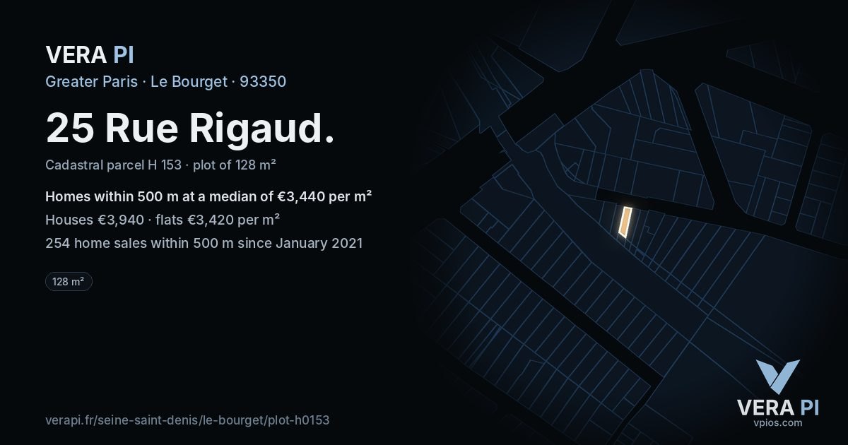 25 Rue Rigaud, Le Bourget at night – the plot lit, the parcels around coloured by the prices near them