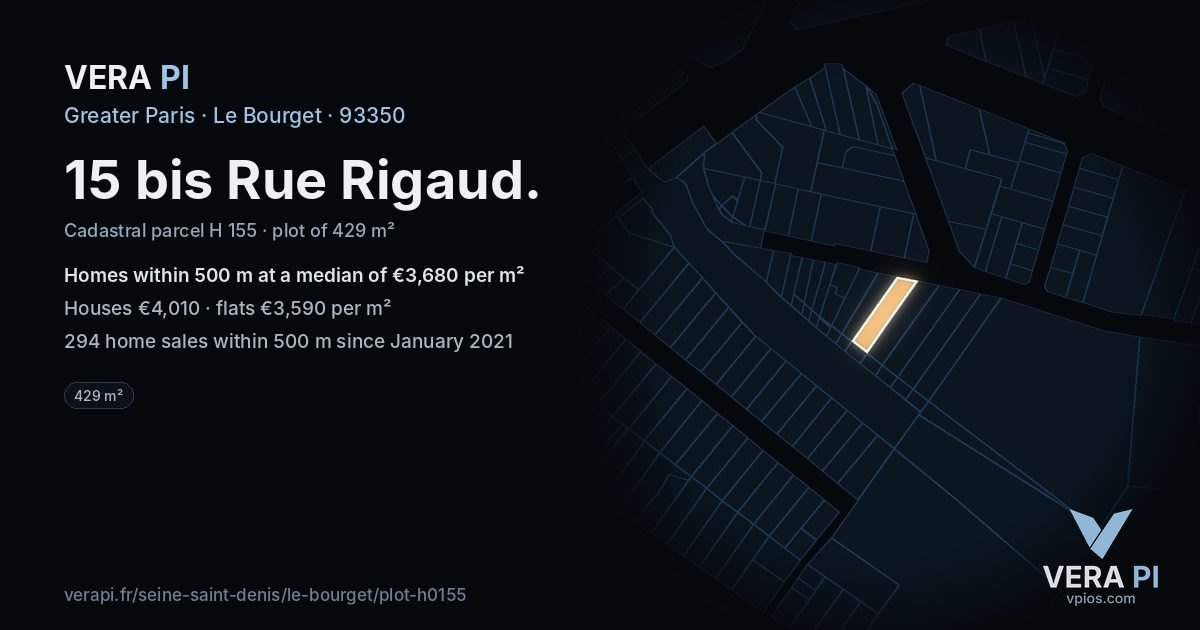 15 bis Rue Rigaud, Le Bourget at night – the plot lit, the parcels around coloured by the prices near them