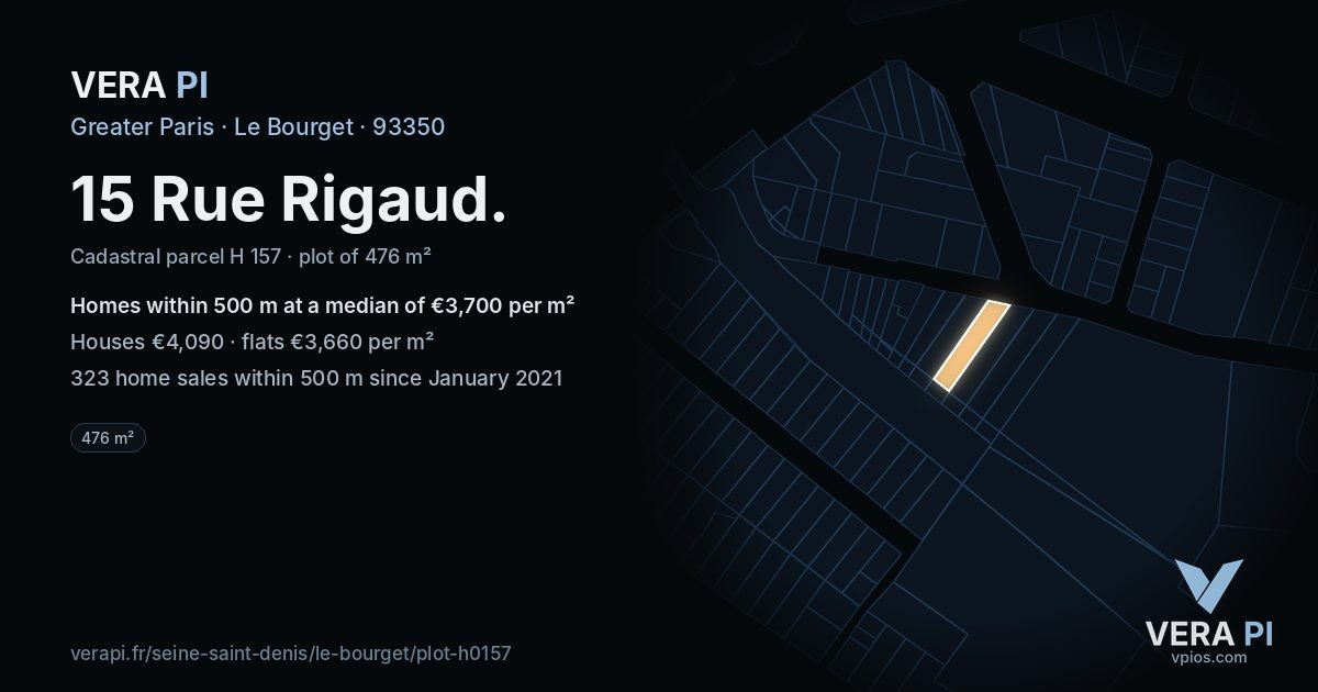 15 Rue Rigaud, Le Bourget at night – the plot lit, the parcels around coloured by the prices near them
