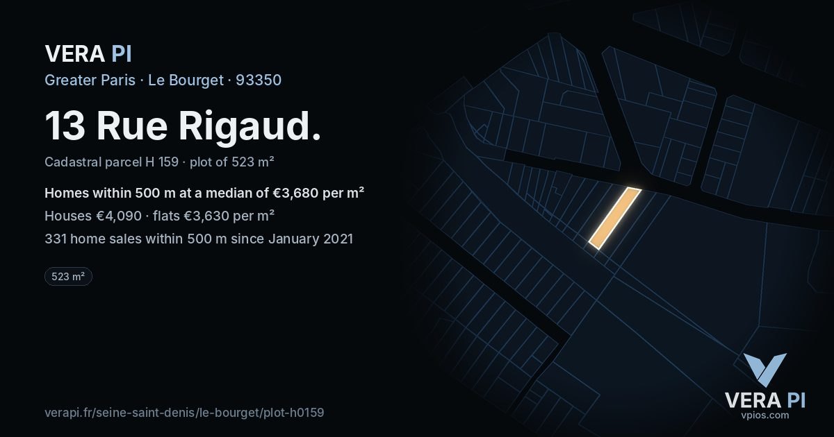 13 Rue Rigaud, Le Bourget at night – the plot lit, the parcels around coloured by the prices near them