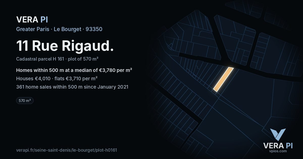 11 Rue Rigaud, Le Bourget at night – the plot lit, the parcels around coloured by the prices near them